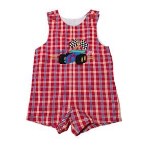 Samara Boys Plaid Race Car Checkered Flag Shortall Romper 2T Red Overalls Outfit